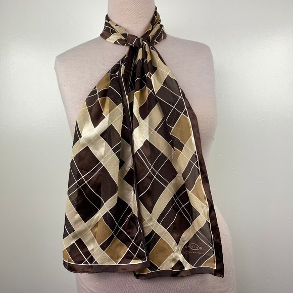 Vintage Oscar De La Renta Brown and Tan Geometric 100% Silk Scarf 62" X 13.25" - Picture 2 of 9